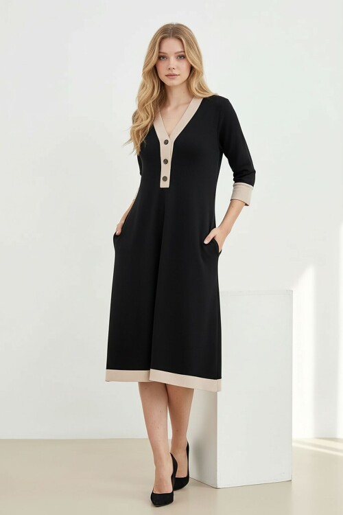 Siyah Göğüse Kadar Düğmeli Modal Kumaş Elbise