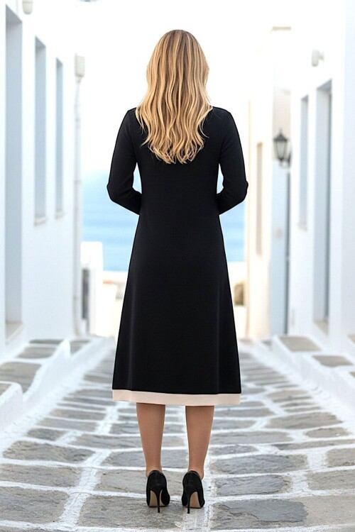 Siyah Göğüse Kadar Düğmeli Modal Kumaş Elbise