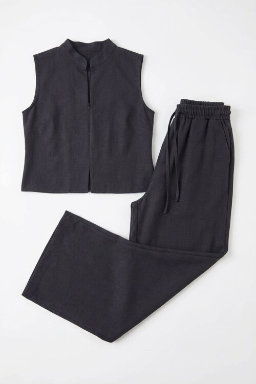 Siyah Hakim Yaka Bluz Ve Beli Lastikli Dokuma Pantolon Alt Üst Takım BCHN-2626821