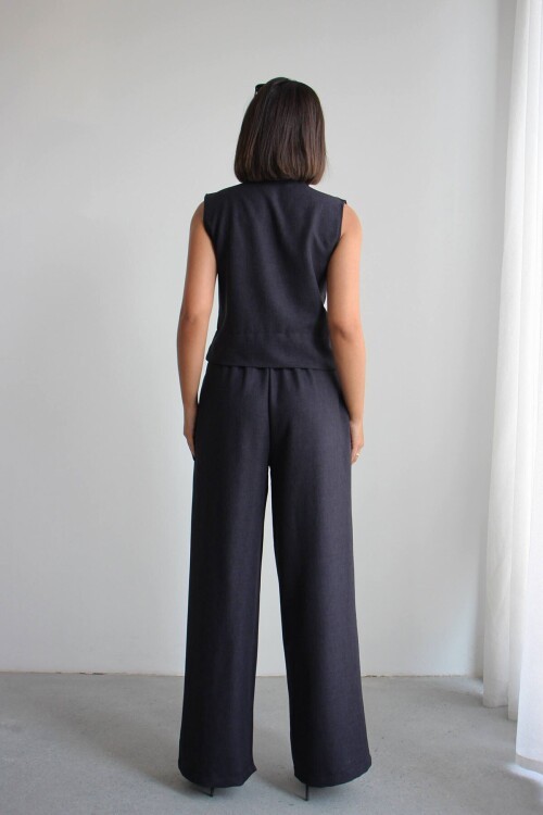 Siyah Hakim Yaka Bluz Ve Beli Lastikli Dokuma Pantolon Alt Üst Takım BCHN-2626821