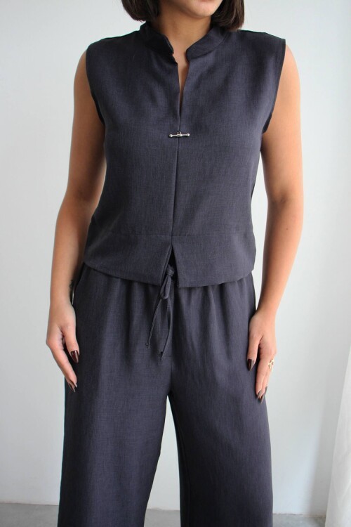 Siyah Hakim Yaka Bluz Ve Beli Lastikli Dokuma Pantolon Alt Üst Takım BCHN-2626821