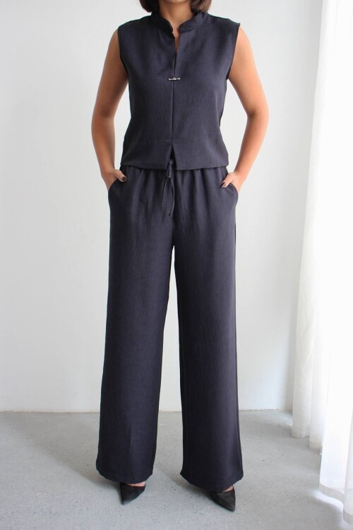 Siyah Hakim Yaka Bluz Ve Beli Lastikli Dokuma Pantolon Alt Üst Takım BCHN-2626821