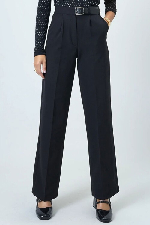 Siyah Kemerli Düğme Kapamalı Çift Cepli Palazzo Pantolon BCHAV-251230