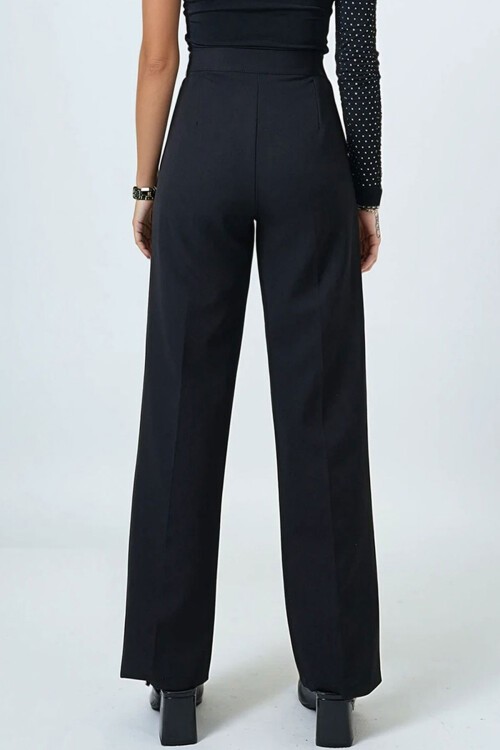 Siyah Kemerli Düğme Kapamalı Çift Cepli Palazzo Pantolon BCHAV-251230
