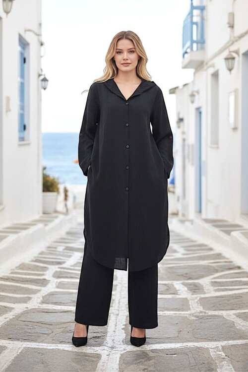 Siyah Keten Gömlek Takım