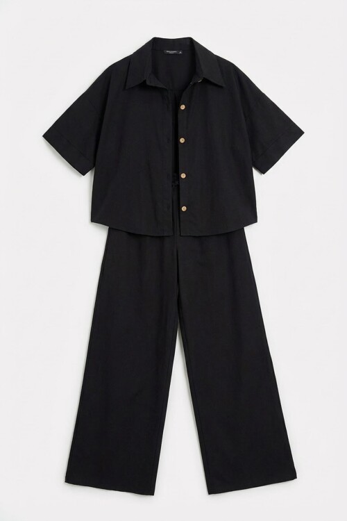 Siyah Keten Gömlek Ve Palazzo Pantolon Takım