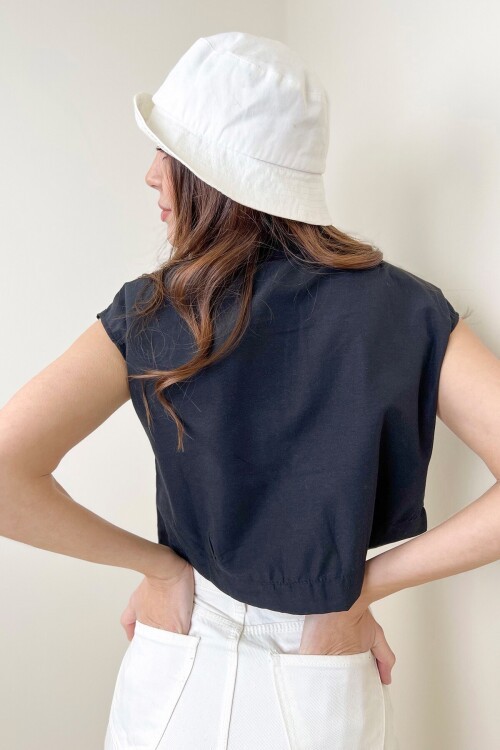 Siyah Kolsuz Yazlık Poplin Dokuma Gömlek