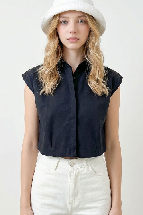 Siyah Kolsuz Yazlık Poplin Dokuma Gömlek