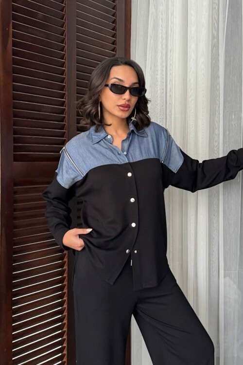 Siyah Kot Kumaş Garnili Yumuşak Dokulu Pantolon Gömlek Takım BCHN-25261022