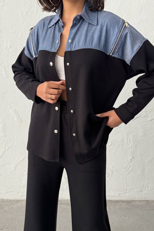 Siyah Kot Kumaş Garnili Yumuşak Dokulu Pantolon Gömlek Takım BCHN-25261022