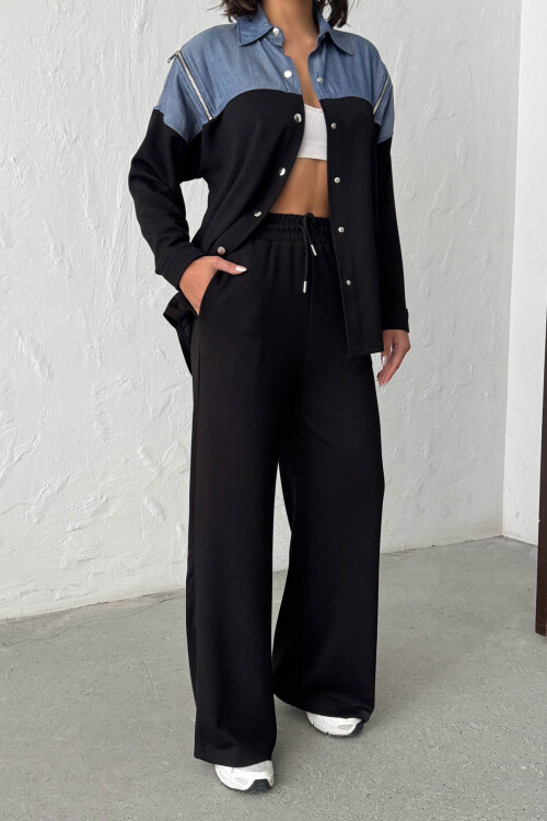 Siyah Kot Kumaş Garnili Yumuşak Dokulu Pantolon Gömlek Takım BCHN-25261022