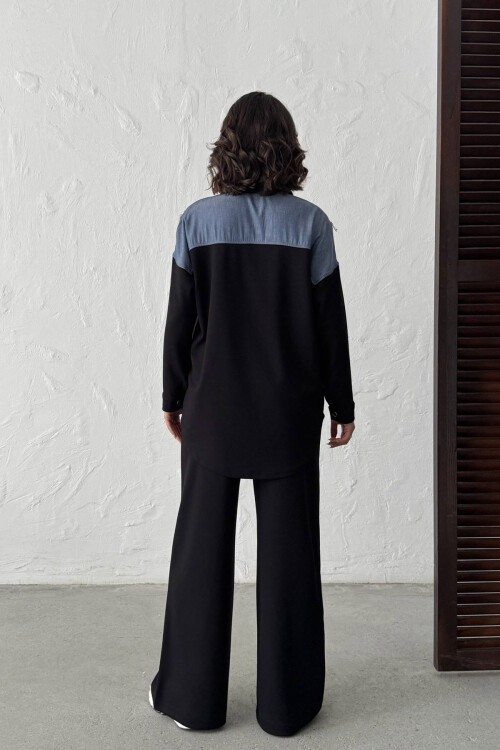 Siyah Kot Kumaş Garnili Yumuşak Dokulu Pantolon Gömlek Takım BCHN-25261022