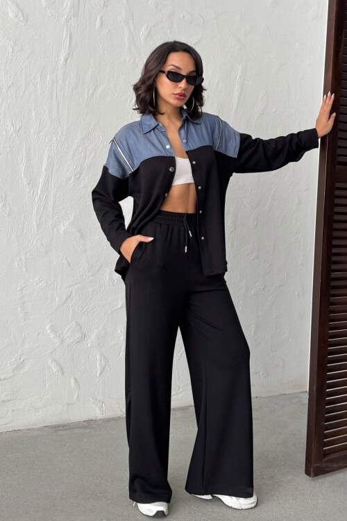 Siyah Kot Kumaş Garnili Yumuşak Dokulu Pantolon Gömlek Takım BCHN-25261022