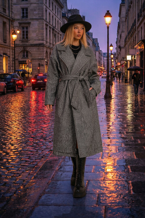 Siyah Kruvaze Beli Kemerli Balık Sırtı Desenli Kaşe Palto BCHRQ-251213