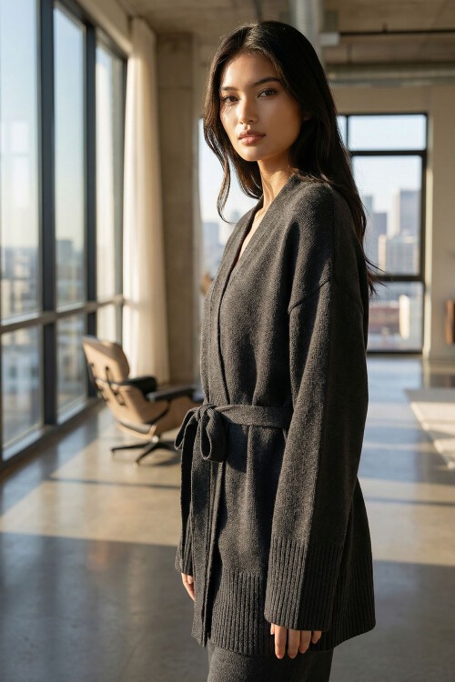 Siyah Kuşak Bağlamalı Uzun Triko Hırka BCHPK-251237