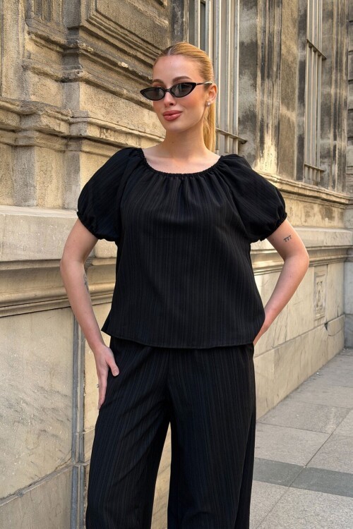 Siyah Madonna Yaka Kendinden Dokulu Alt Üst Takım 