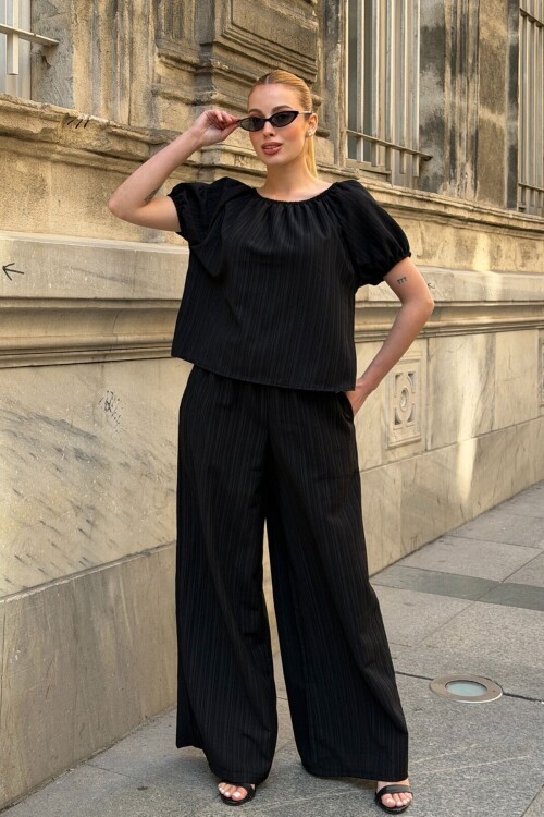 Siyah Madonna Yaka Kendinden Dokulu Alt Üst Takım 