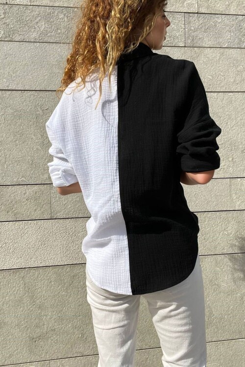 Siyah Müslin Color Block Salaş Gömlek