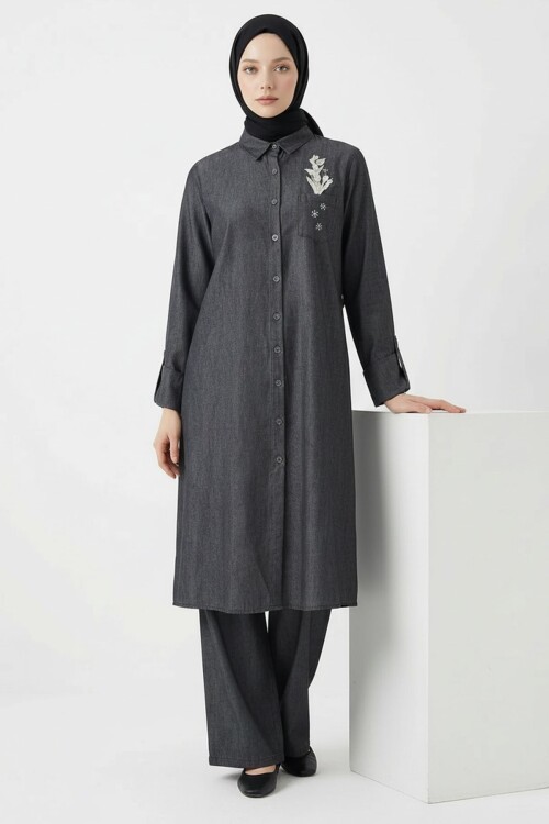 Siyah Nakış Detaylı Tensel Tesettür Alt Üst Takım