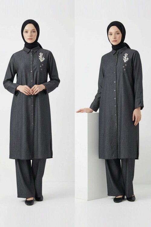 Siyah Nakış Detaylı Tensel Tesettür Alt Üst Takım