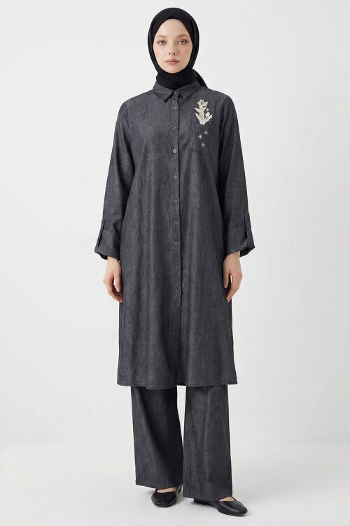 Siyah Nakış Detaylı Tensel Tesettür Alt Üst Takım