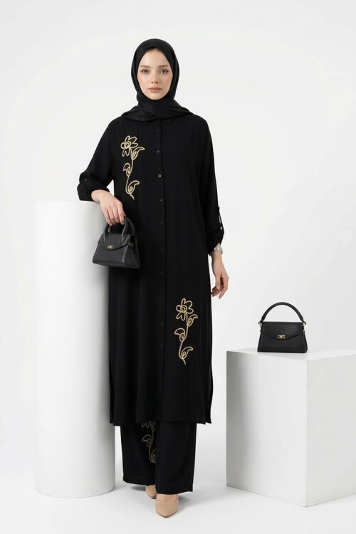 Siyah Nakışlı Viskon Kumaş Tesettür Alt Üst Takım 