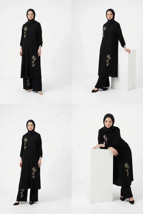 Siyah Nakışlı Viskon Kumaş Tesettür Alt Üst Takım 