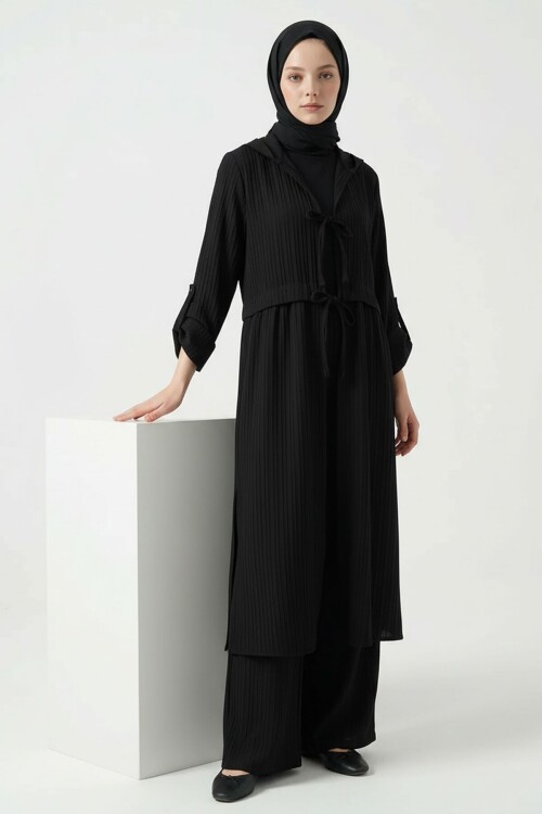 Siyah Önden Bağlamalı Tesettür Alt Üst Keten Takım