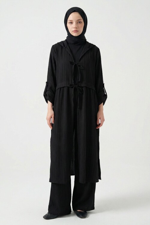 Siyah Önden Bağlamalı Tesettür Alt Üst Keten Takım
