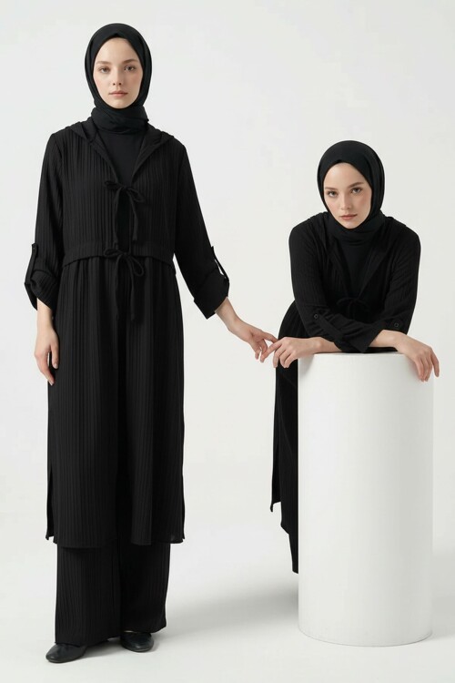 Siyah Önden Bağlamalı Tesettür Alt Üst Keten Takım
