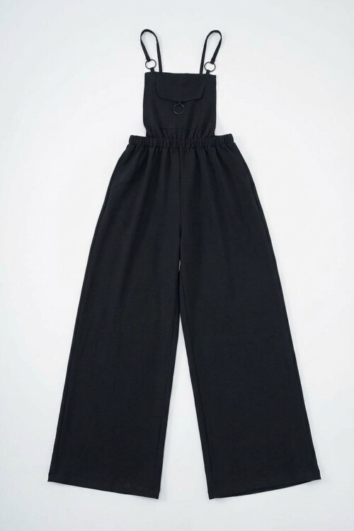 Siyah Önü Cepli Askılı Halka Detaylı Aerobin Salopet Pantolon