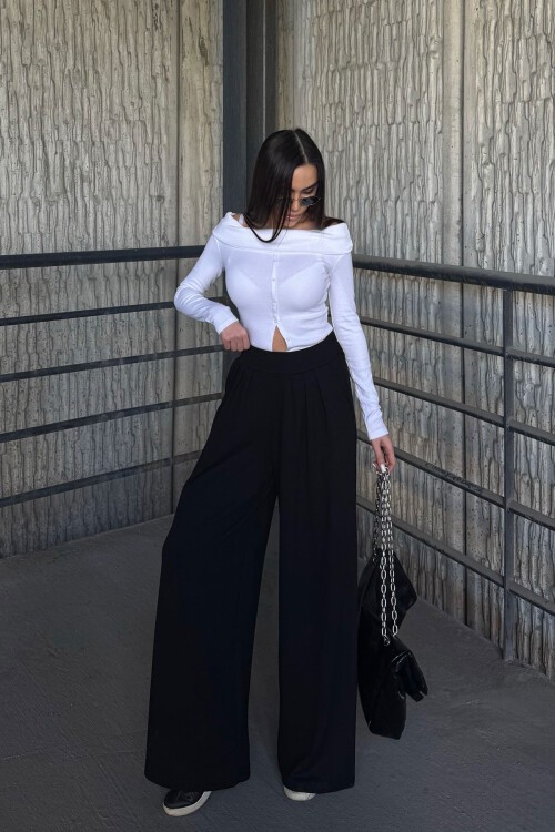 Siyah Pile Detaylı İspanyol Ultra Soft Kumaş Pantolon BCDF-25P0002