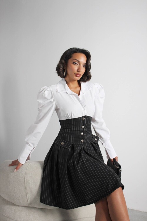 Siyah Pileli Çizgili Dokuma Gömlek Elbise BCHN-2526115