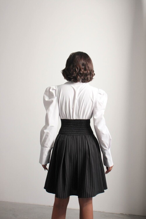 Siyah Pileli Çizgili Dokuma Gömlek Elbise BCHN-2526115