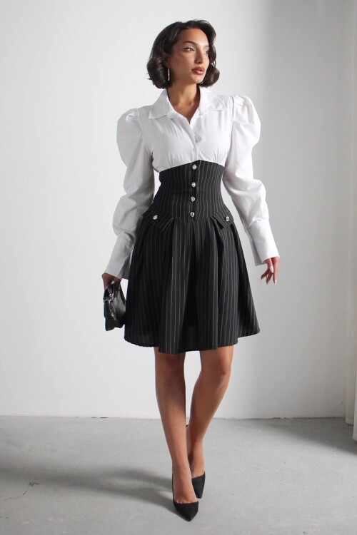 Siyah Pileli Çizgili Dokuma Gömlek Elbise BCHN-2526115