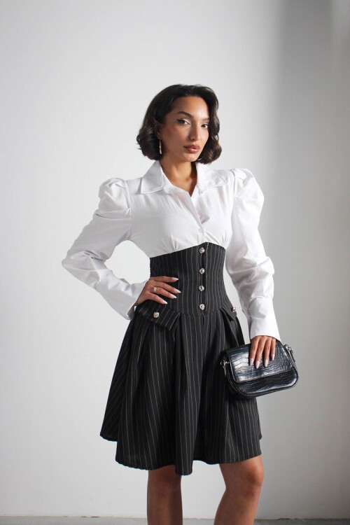 Siyah Pileli Çizgili Dokuma Gömlek Elbise BCHN-2526115