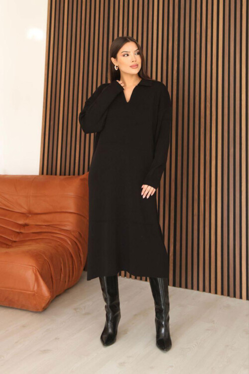 Siyah Polo Yaka Midi Boy Triko Elbise BCES-253018