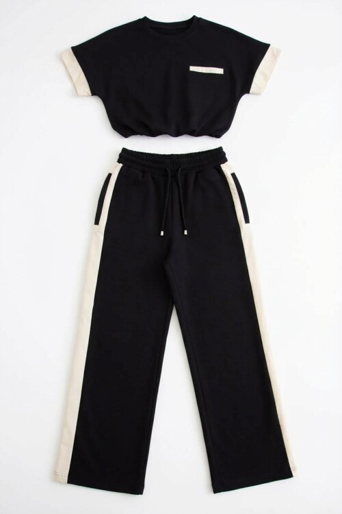 Siyah Renk Bloklu Beli Lastikli Yumuşak Dokulu Kumaş Alt Üst Takım BCHN-2626133