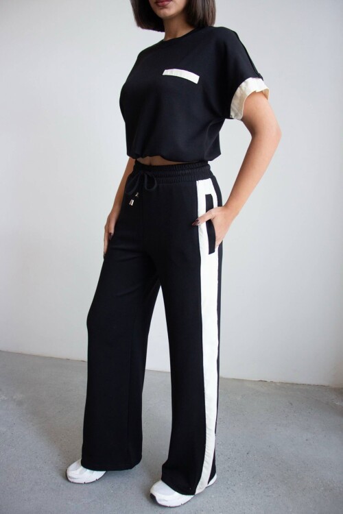 Siyah Renk Bloklu Beli Lastikli Yumuşak Dokulu Kumaş Alt Üst Takım BCHN-2626133