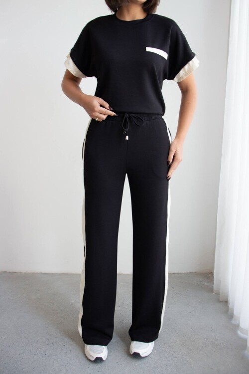 Siyah Renk Bloklu Beli Lastikli Yumuşak Dokulu Kumaş Alt Üst Takım BCHN-2626133