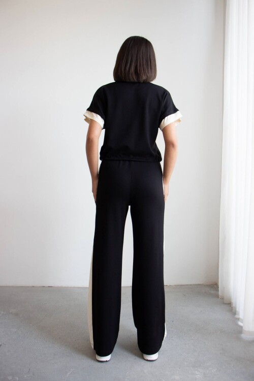 Siyah Renk Bloklu Beli Lastikli Yumuşak Dokulu Kumaş Alt Üst Takım BCHN-2626133