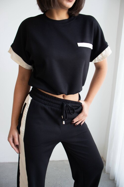 Siyah Renk Bloklu Beli Lastikli Yumuşak Dokulu Kumaş Alt Üst Takım BCHN-2626133