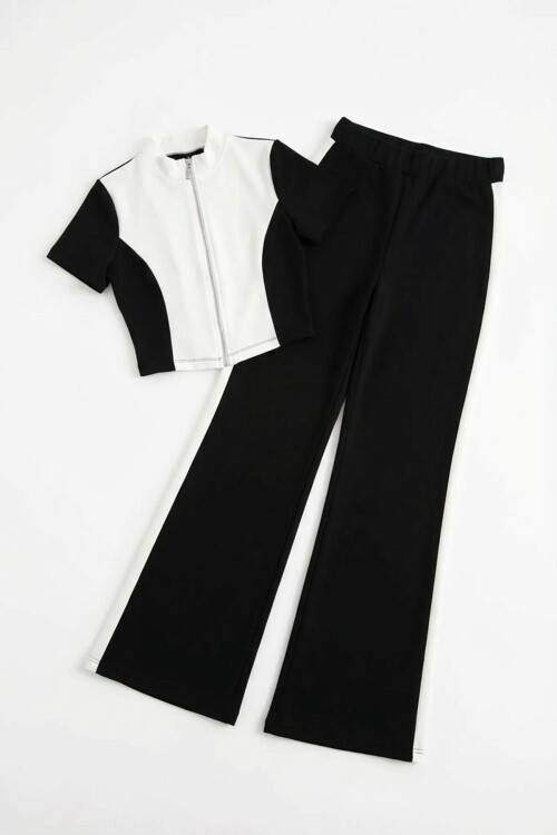 Siyah Renk Bloklu Fermuarlı Yumuşak Dokulu Kumaş Eşofman Takımı BCHN-2626953TK