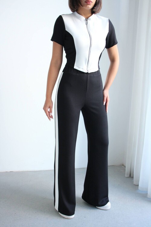 Siyah Renk Bloklu Fermuarlı Yumuşak Dokulu Kumaş Eşofman Takımı BCHN-2626953TK