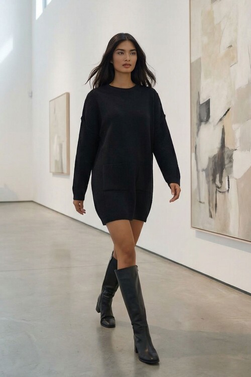 Siyah Ribanalı Bisiklet Yaka Mini Triko Elbise BCHPK-251239