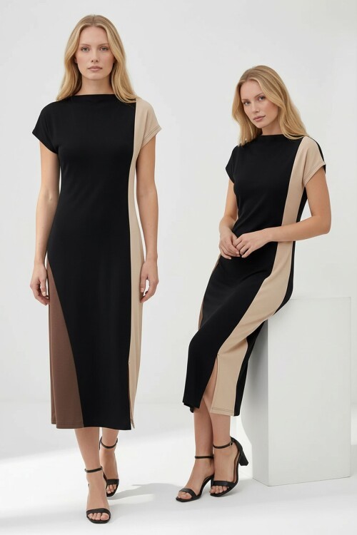 Siyah Şeritli Modal Kumaş Elbise