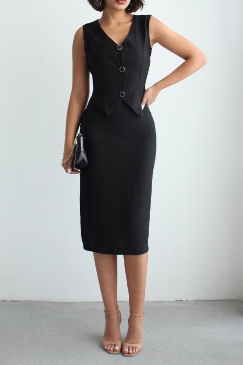 Siyah Tensel Kumaş Yelekli Model Elbise BCHN-2526108