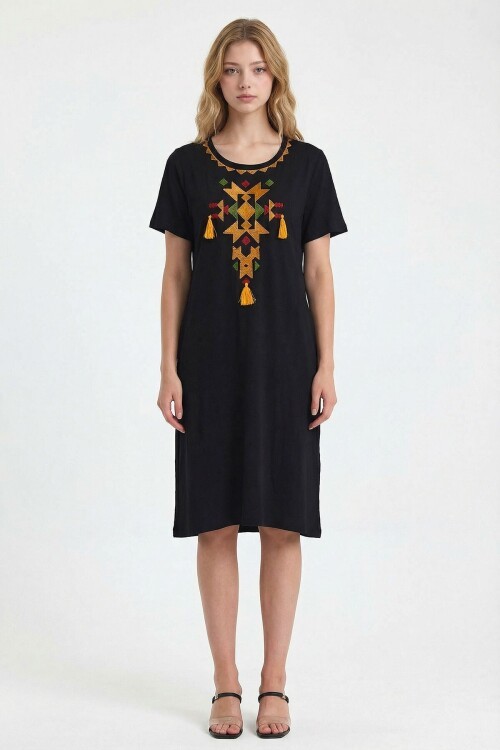 Siyah Turuncu Nakış İşlemeli Örme Viscon Elbise