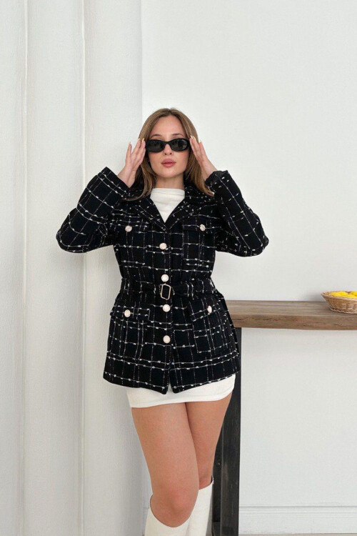 Siyah Tüvit Kumaş Düğmeli Kemerli Dokuma Ceket BCHN-254001