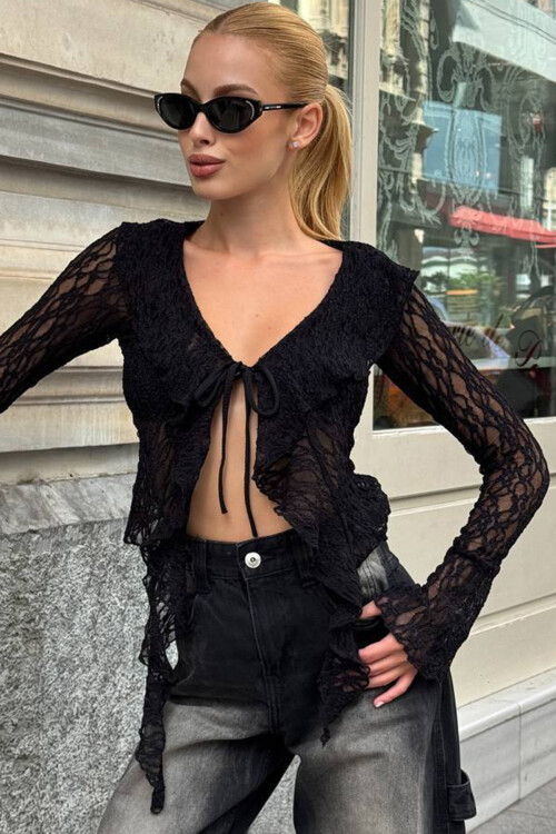 Siyah V Yaka Bağlamalı Önü Fırfırlı Tül Bluz BCHZCK-251264